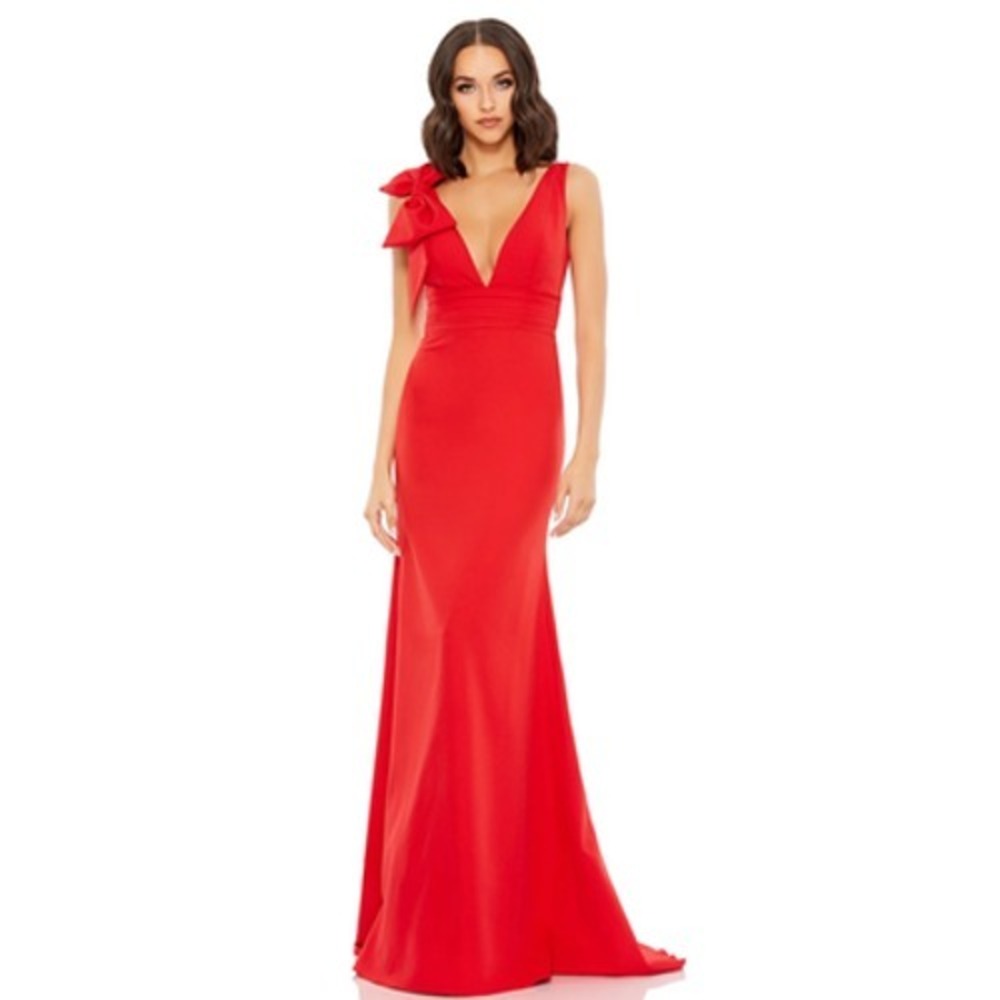 Mac Duggal 49454 Bow Shoulder V Neck Gown in Red Size 10 NWT
